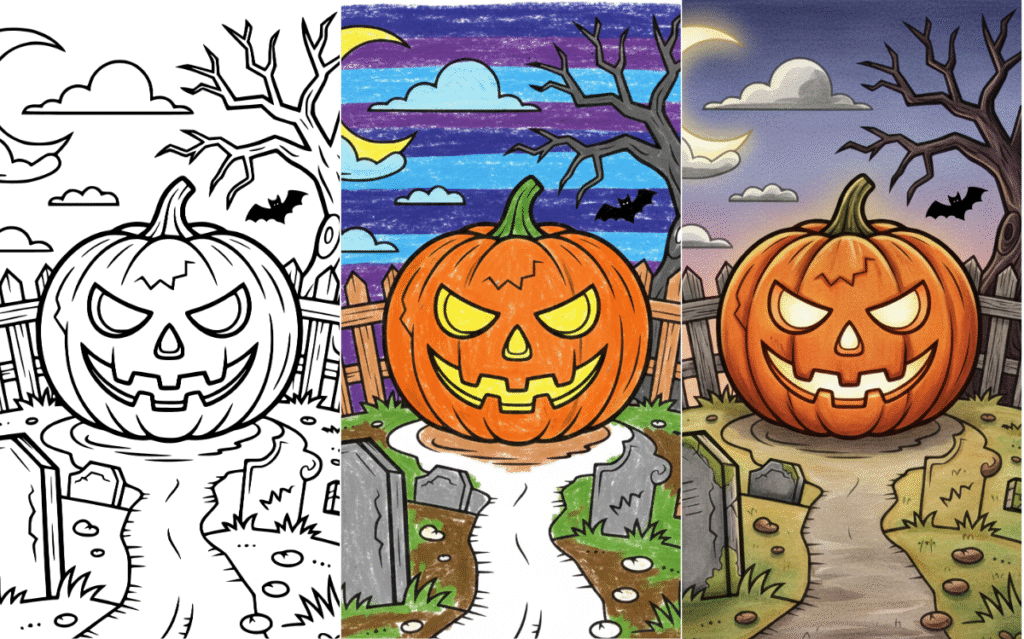 Halloween pumpkin coloring page with spooky night background.