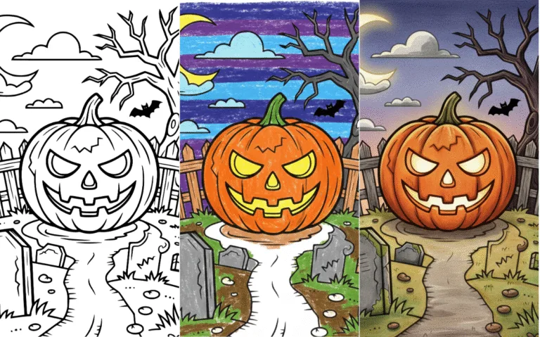 Halloween pumpkin coloring page with spooky night background.
