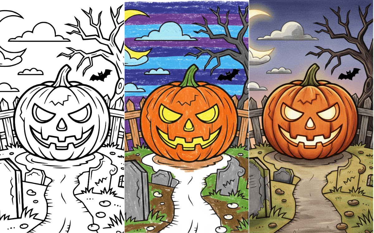 Halloween pumpkin coloring page with spooky night background.