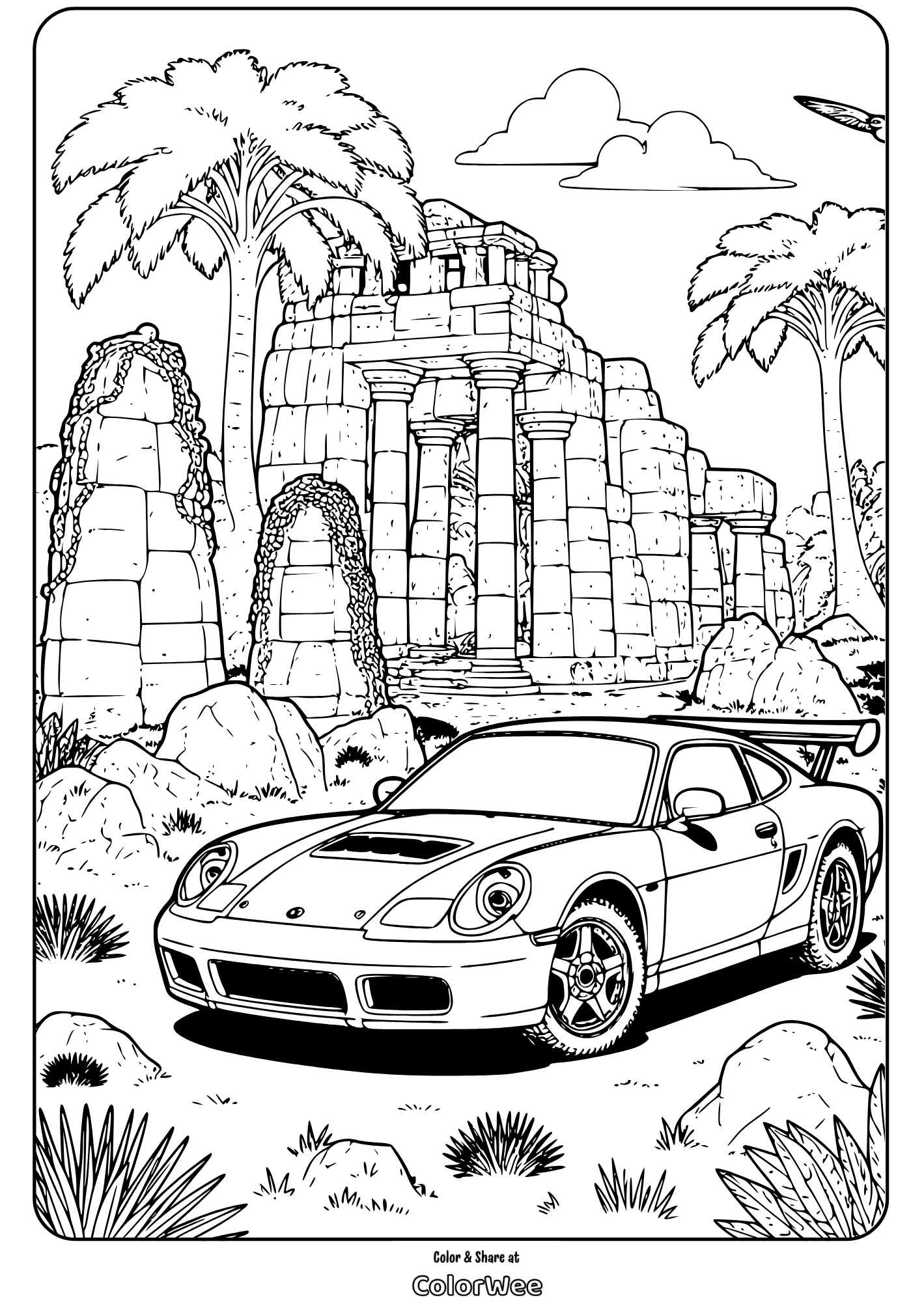 Sports car in front of ancient ruins coloring page.