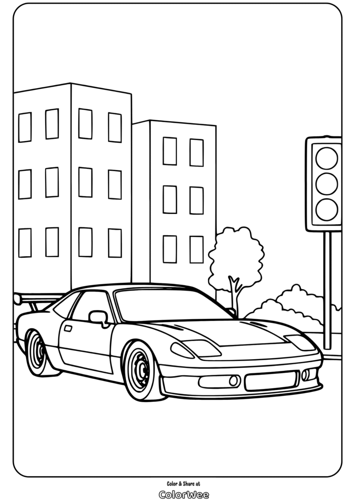 Sports car coloring page with city background, buildings, and traffic light.