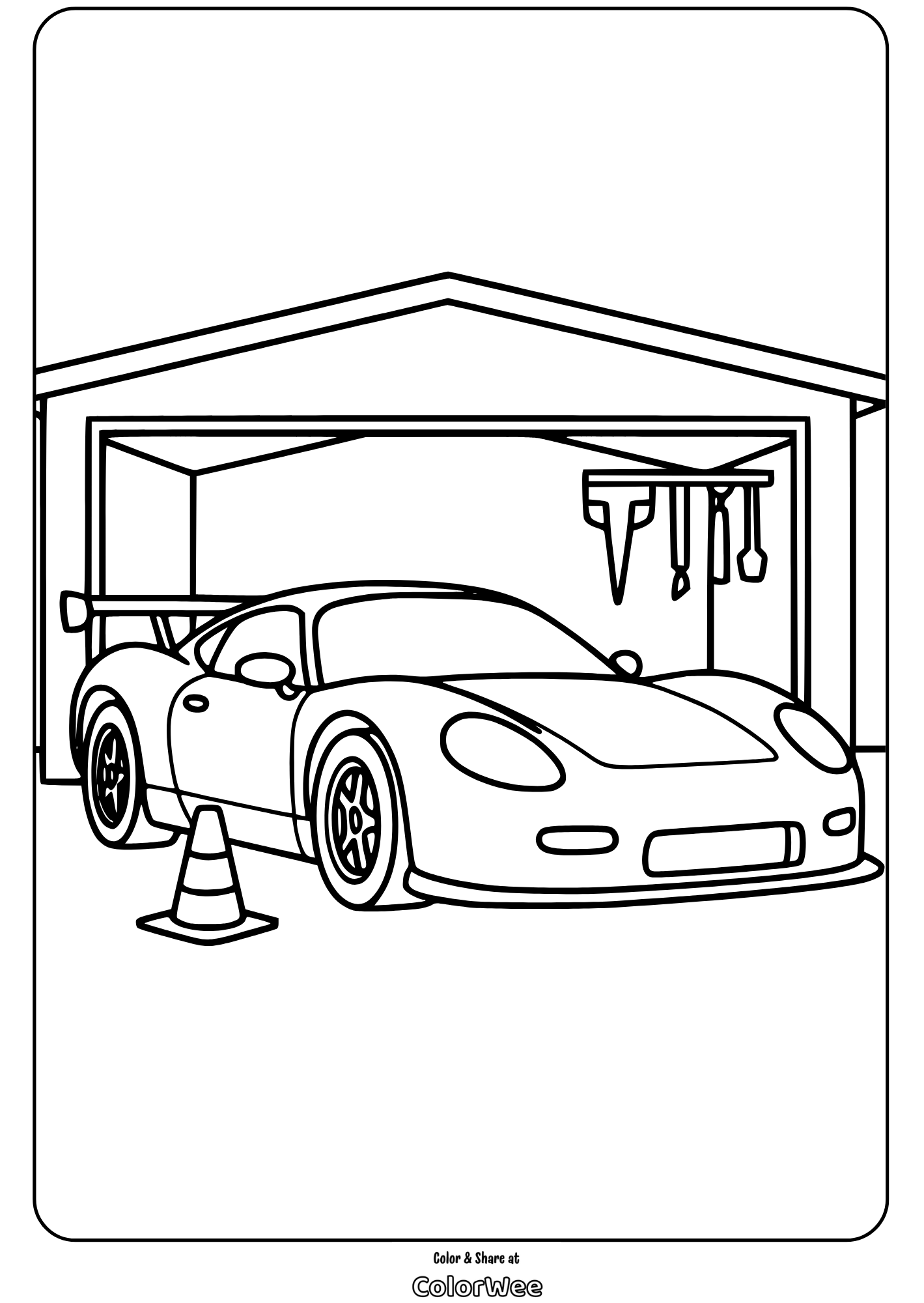 Race car in garage coloring page with traffic cone.