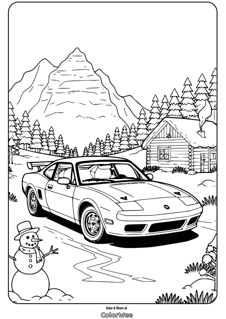 Coloring page: car in snowy mountain scene with cabin and snowman.