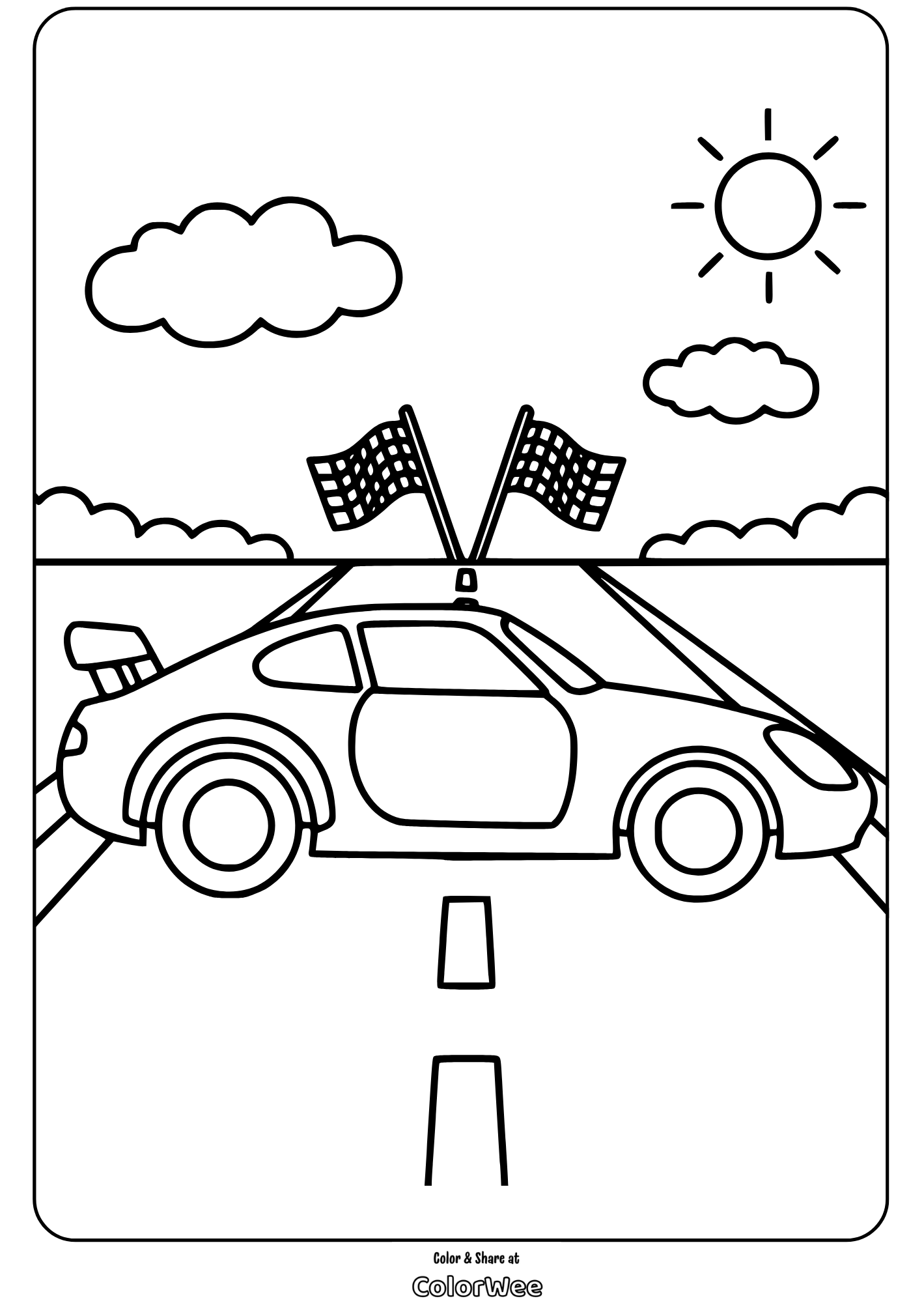 Race car coloring page with finish line and sunny sky.