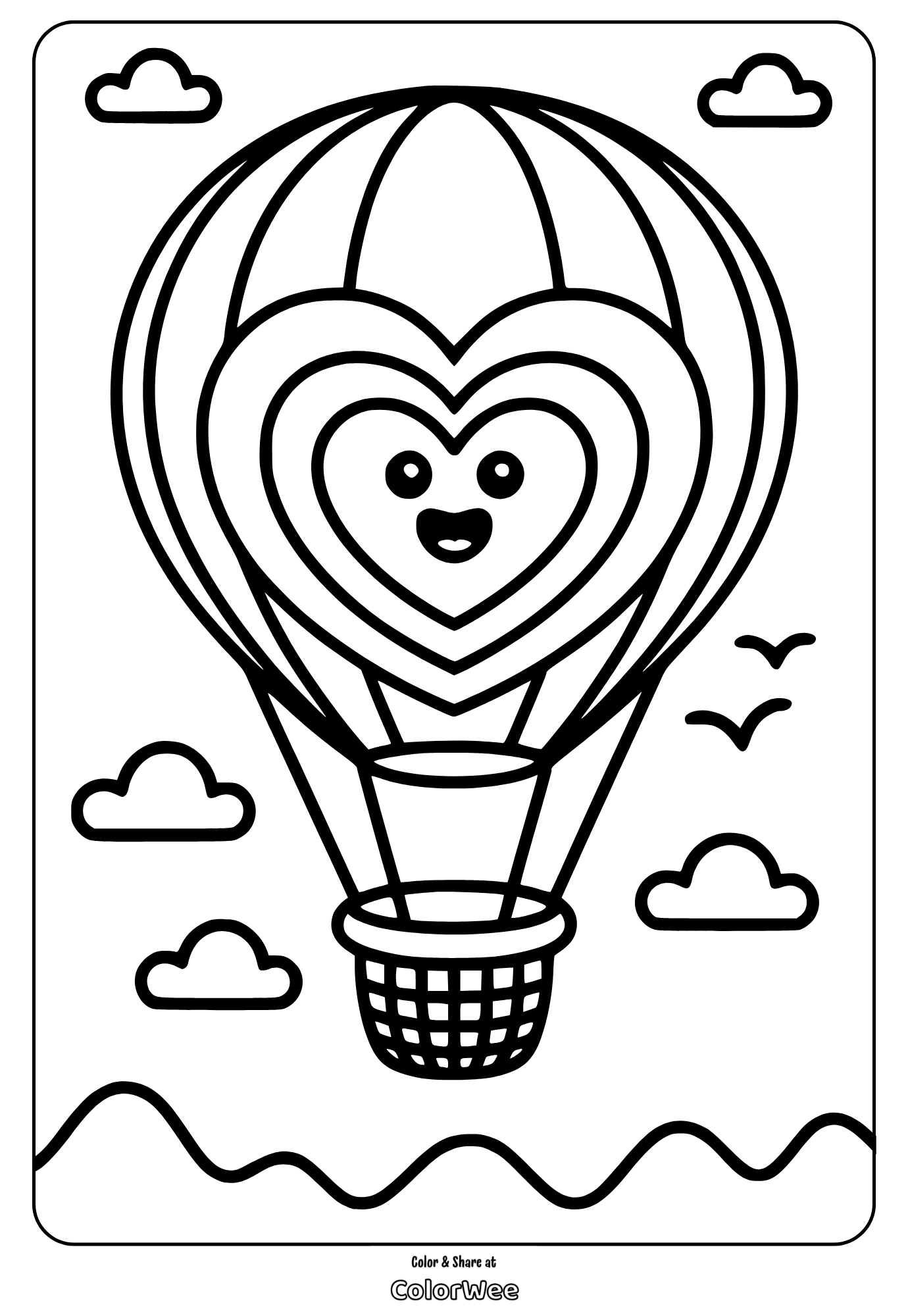 Hot air balloon with heart design for kids to color.