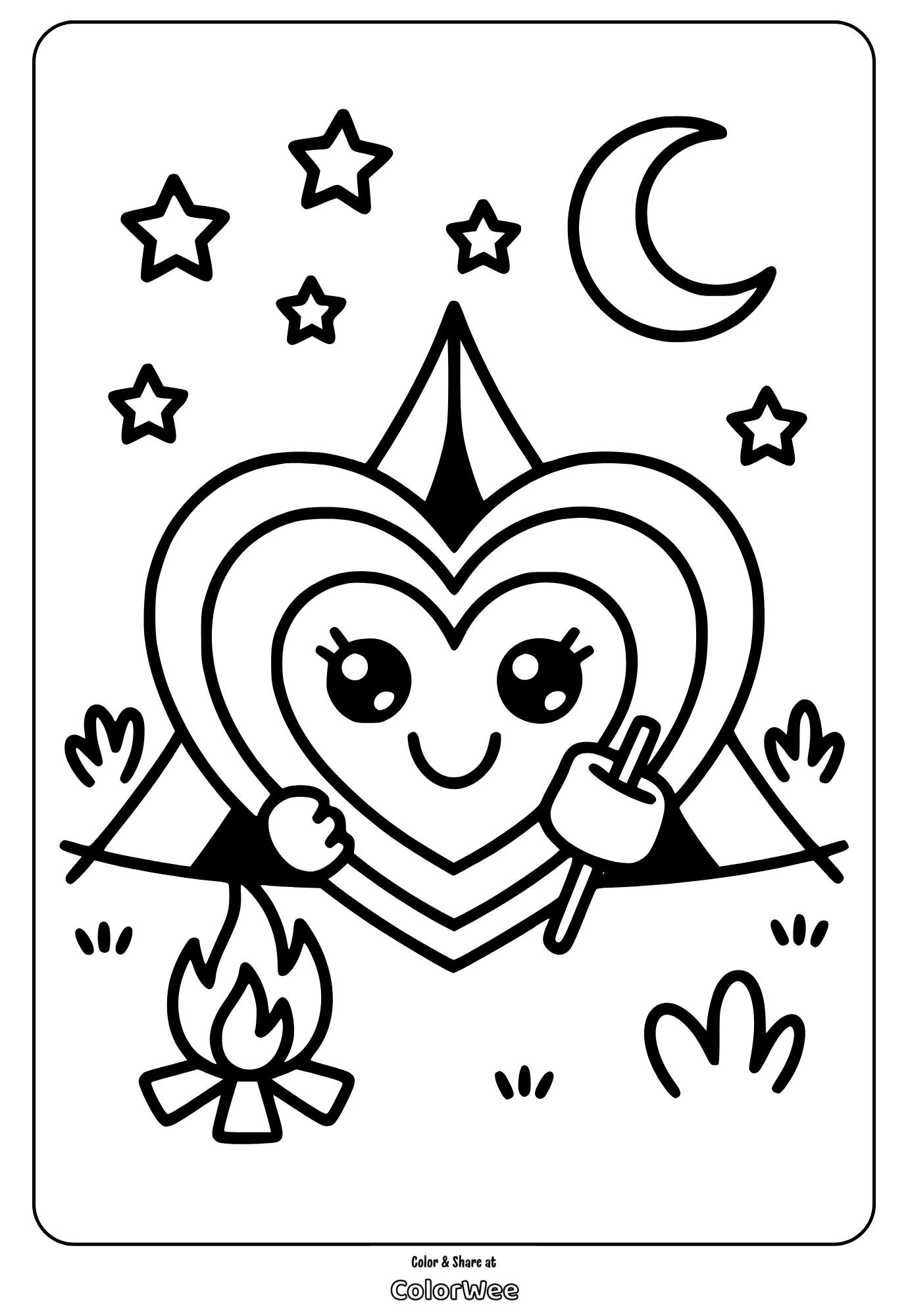 Happy heart character camping under stars and moon coloring page.
