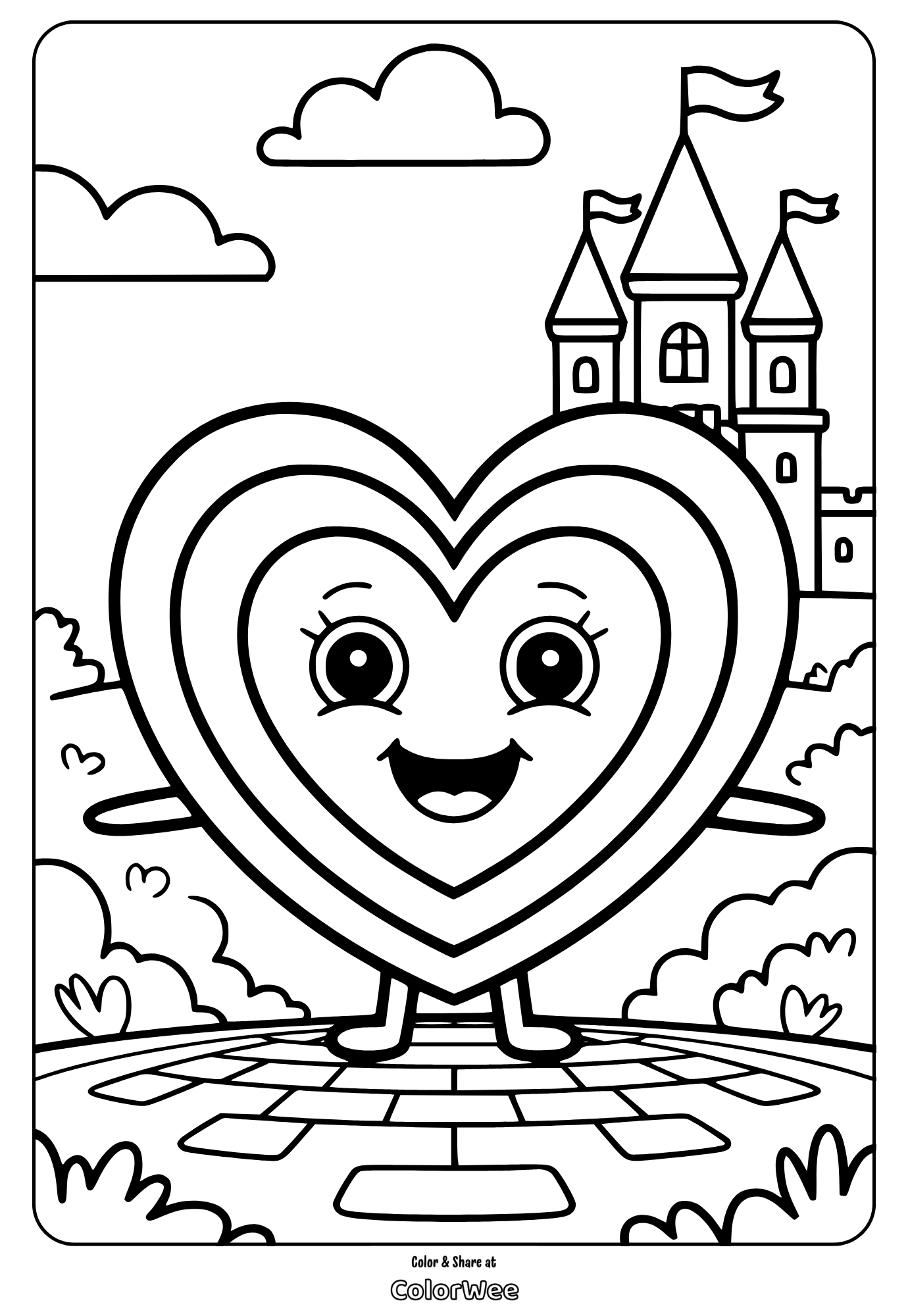 Happy heart character with castle in background coloring page.