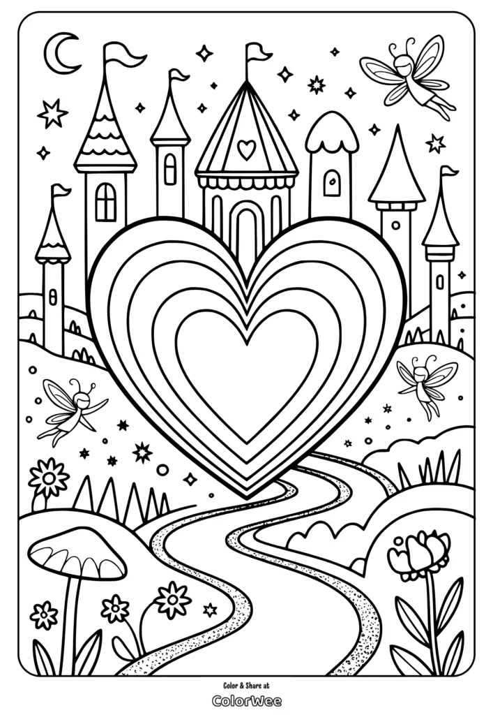 Fairy tale castle and heart coloring page with fairies and stars.