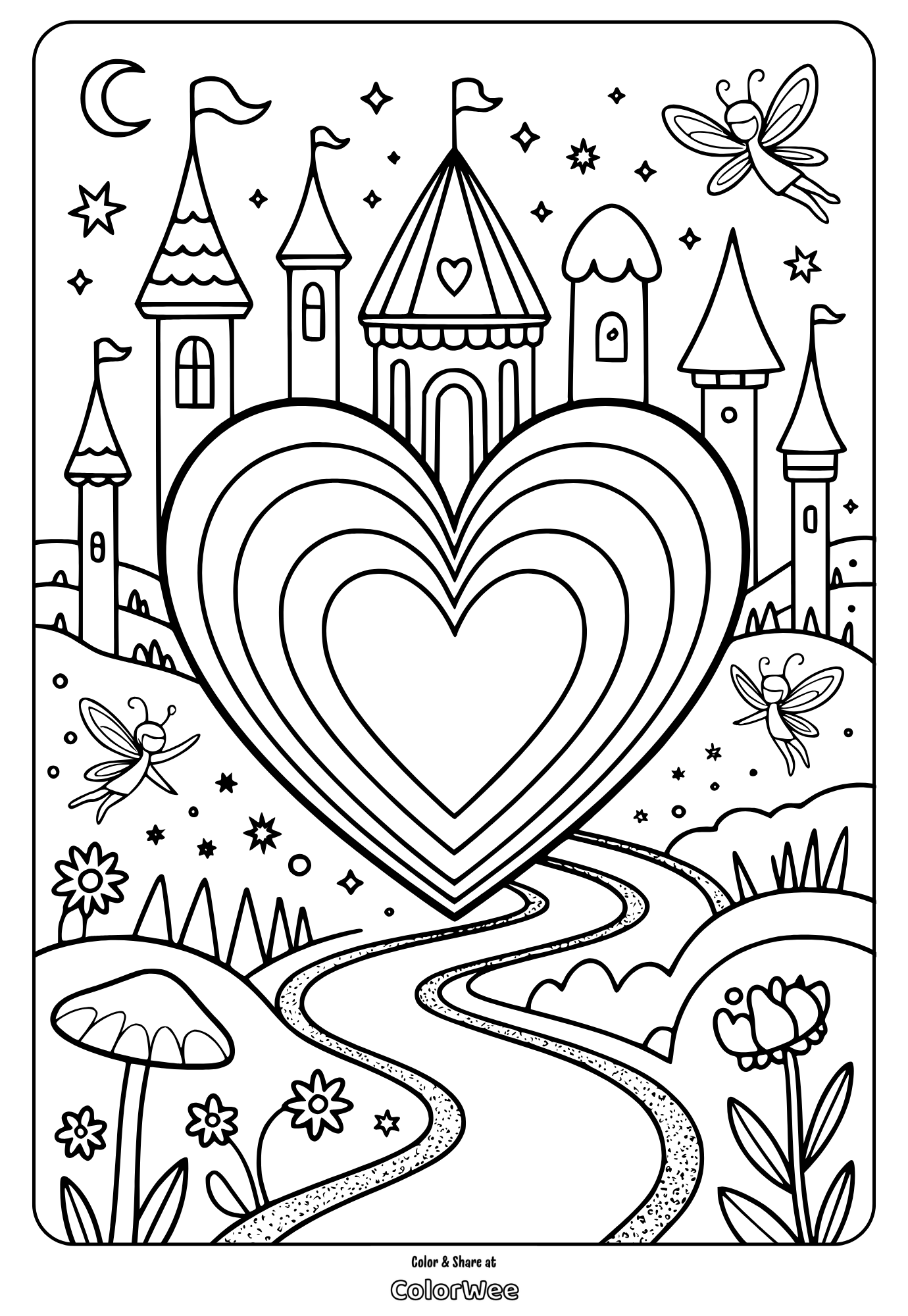 Fairy tale castle and heart coloring page with fairies and stars.