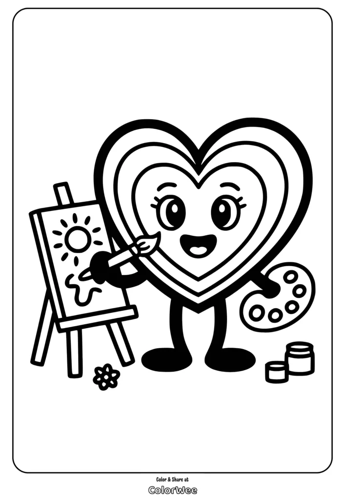 Heart-shaped character painting a sun on canvas. Coloring page.