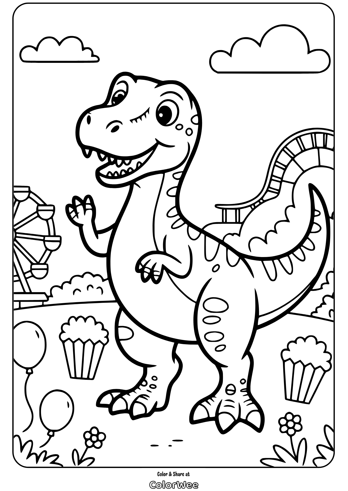 Fun dinosaur coloring page at amusement park with rides