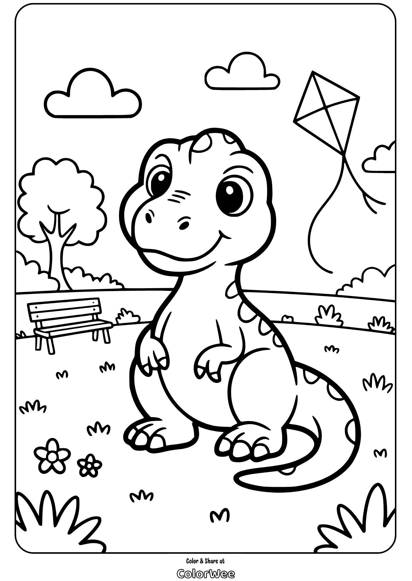 Cute dinosaur coloring page with kite in a sunny park.