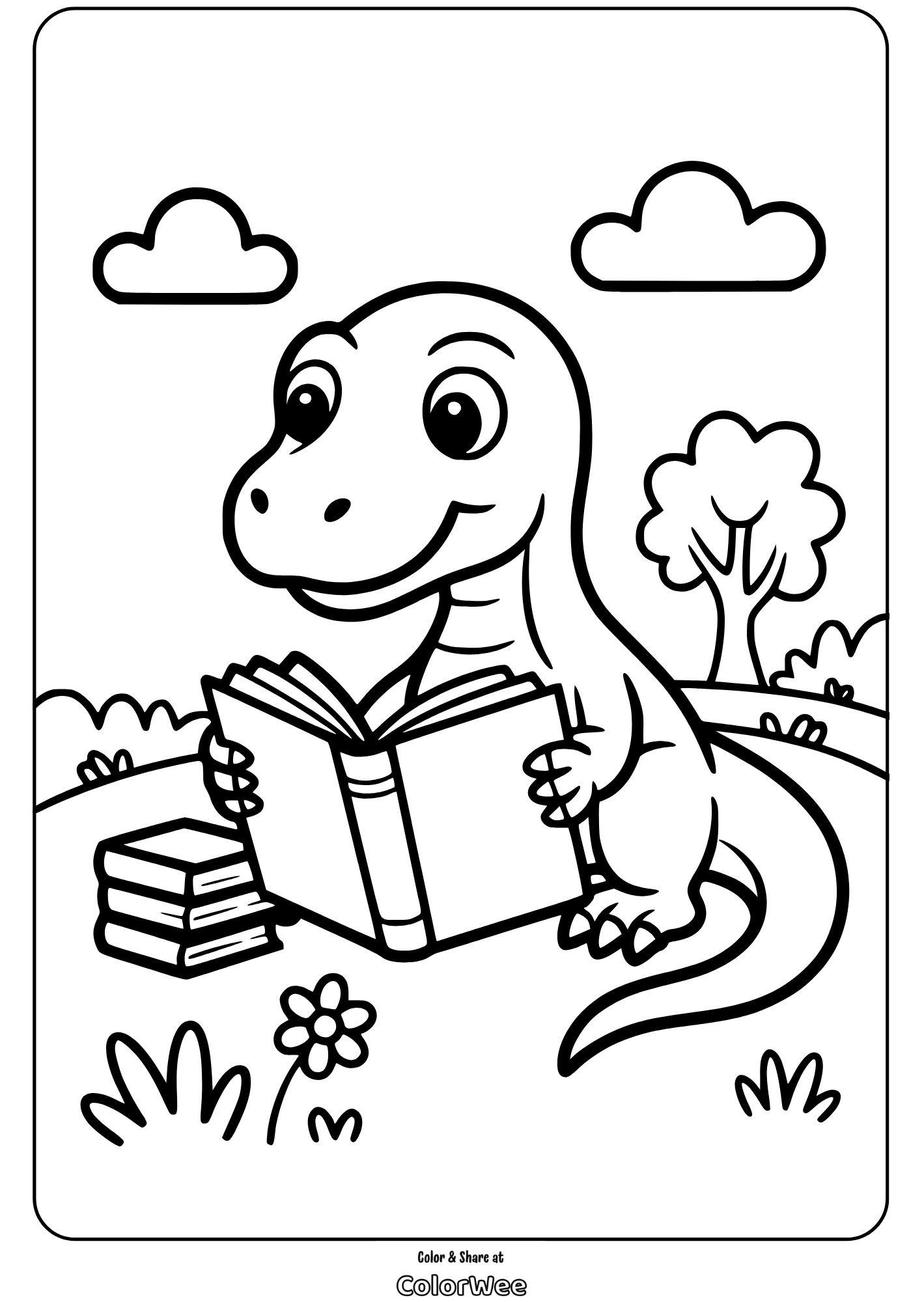Dinosaur reading book in park coloring page for kids.