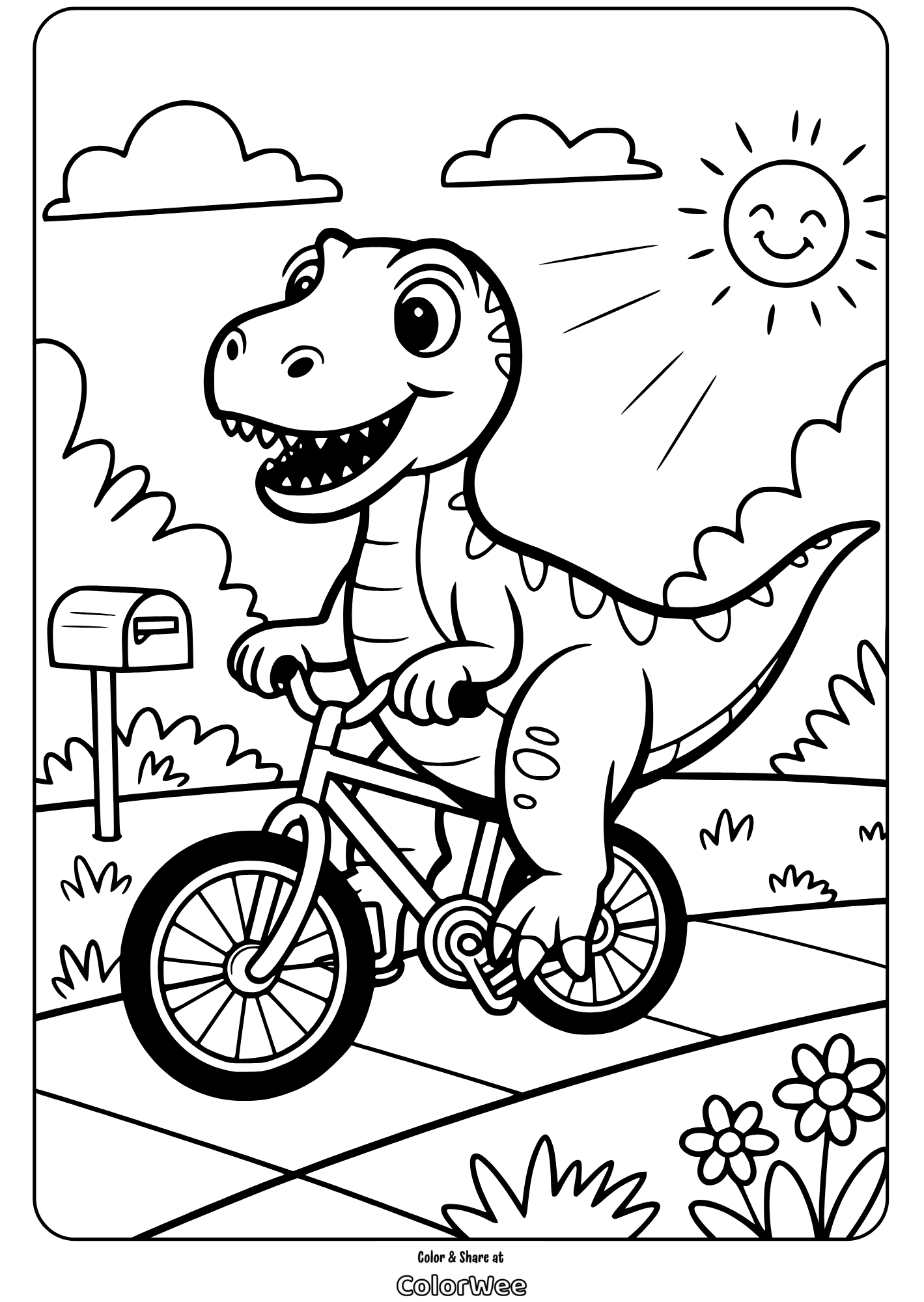 Dinosaur riding bike coloring page with sun and mailbox.