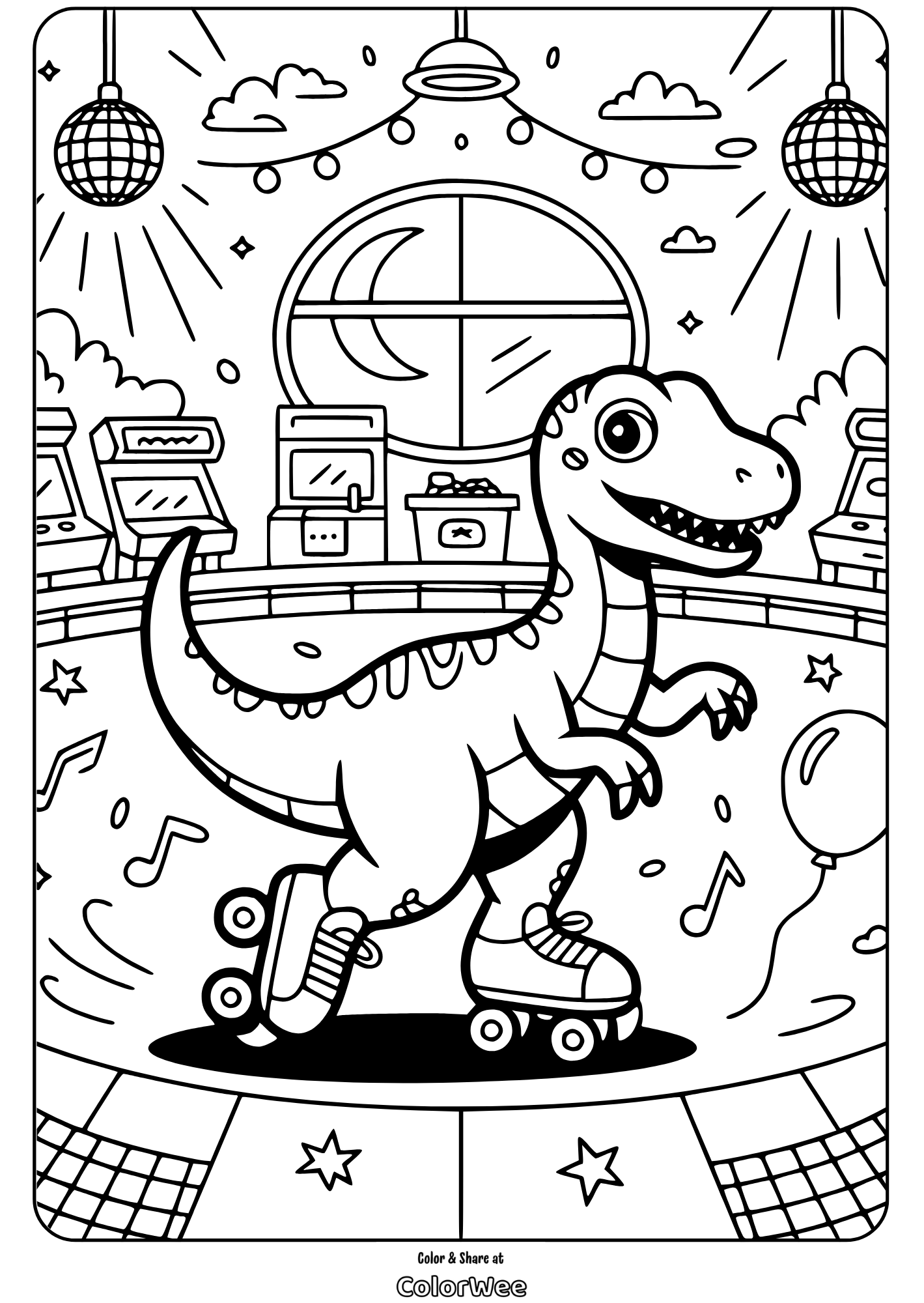 Dinosaur roller skating at a retro arcade party coloring page.