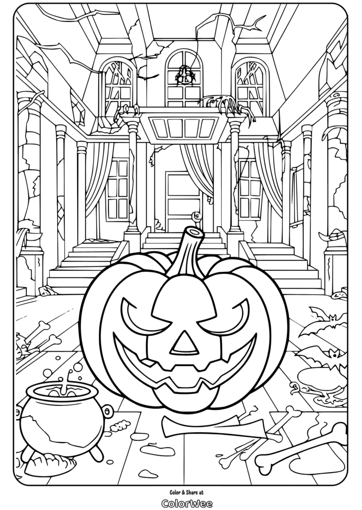 Spooky Halloween jack-o'-lantern coloring page with haunted house.