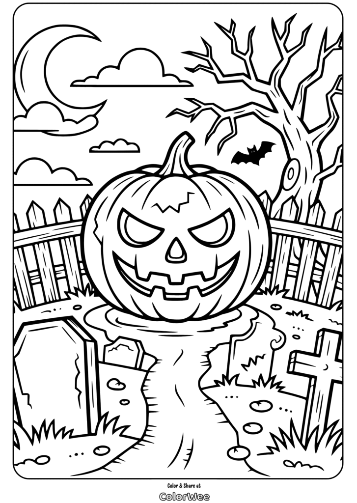 Spooky Halloween coloring page with a jack-o'-lantern and graveyard scene.