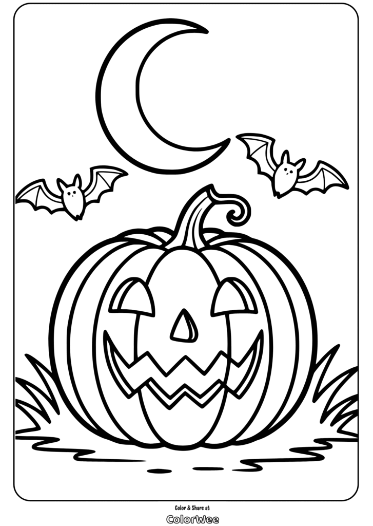 Jack-o'-lantern with bats and crescent moon coloring page.