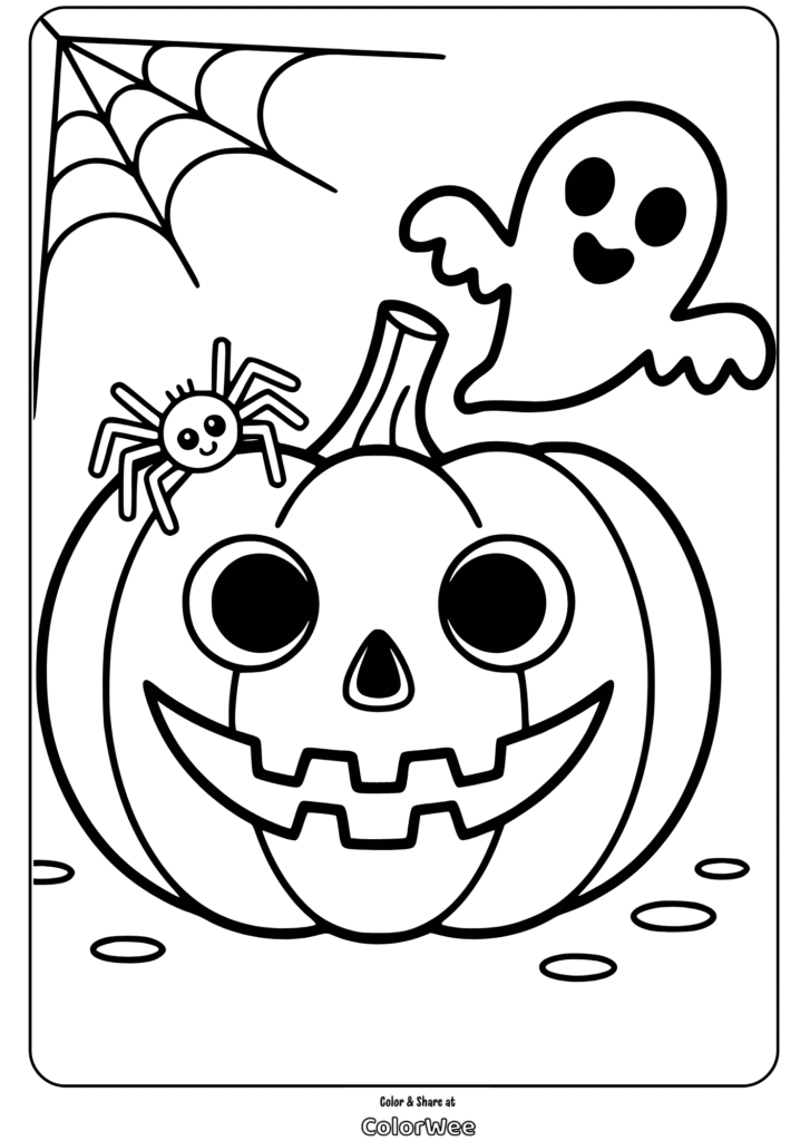 Ghost and pumpkin coloring page for Halloween fun.