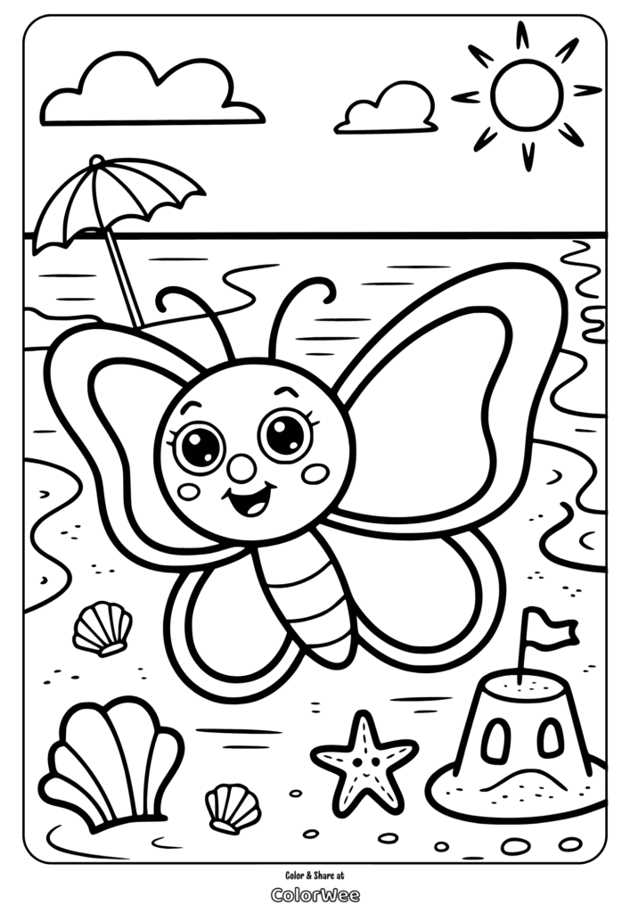 Butterfly on beach coloring page with sandcastle and starfish.