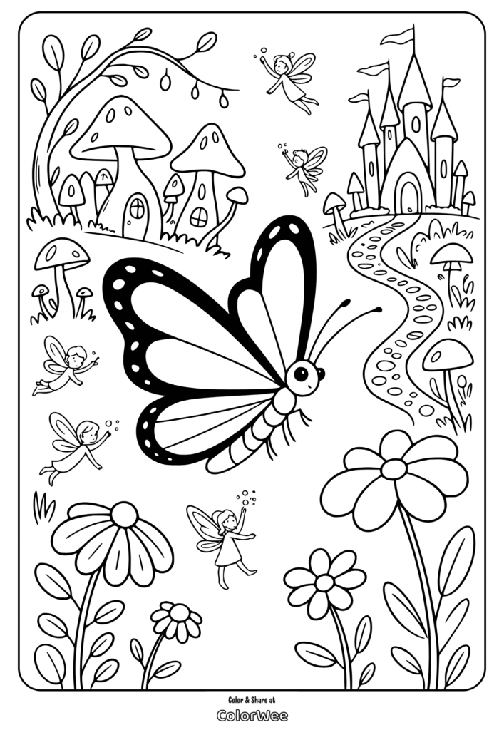 Fairyland coloring page with butterfly, fairies, and castle.