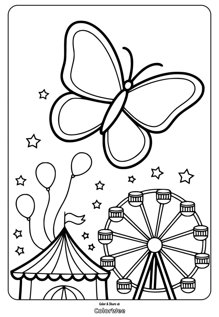 Butterfly and carnival scene with Ferris wheel and balloons coloring page.