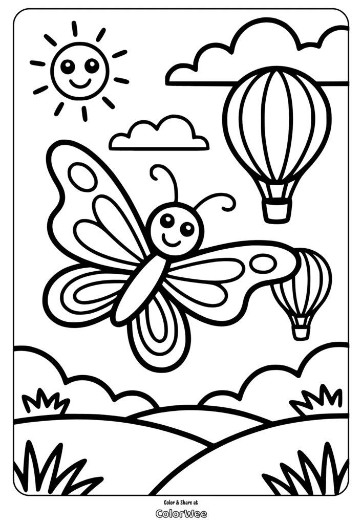 Butterfly and hot air balloons coloring page with sunny sky.