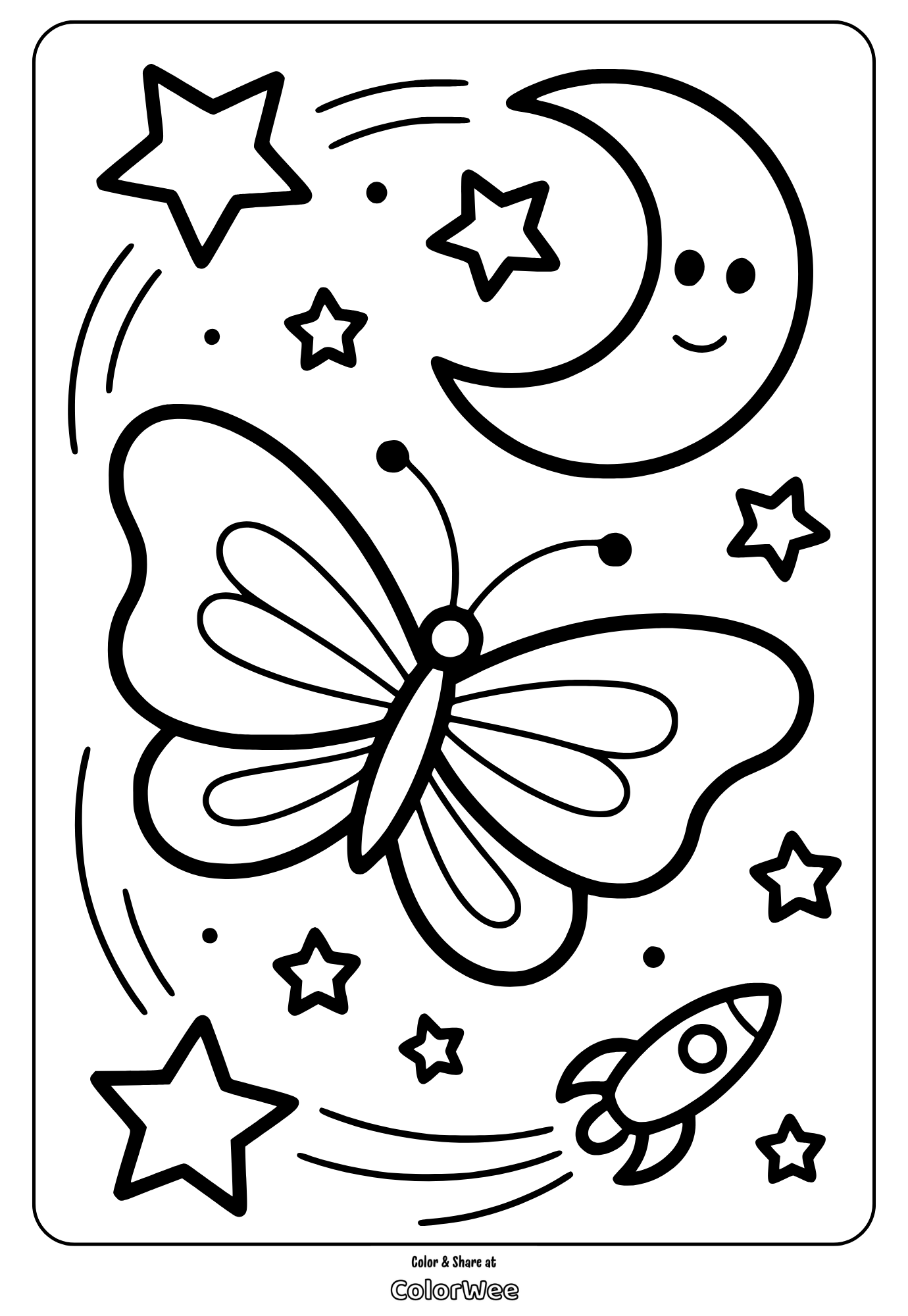 Butterfly and stars coloring page with moon and rocket ship.