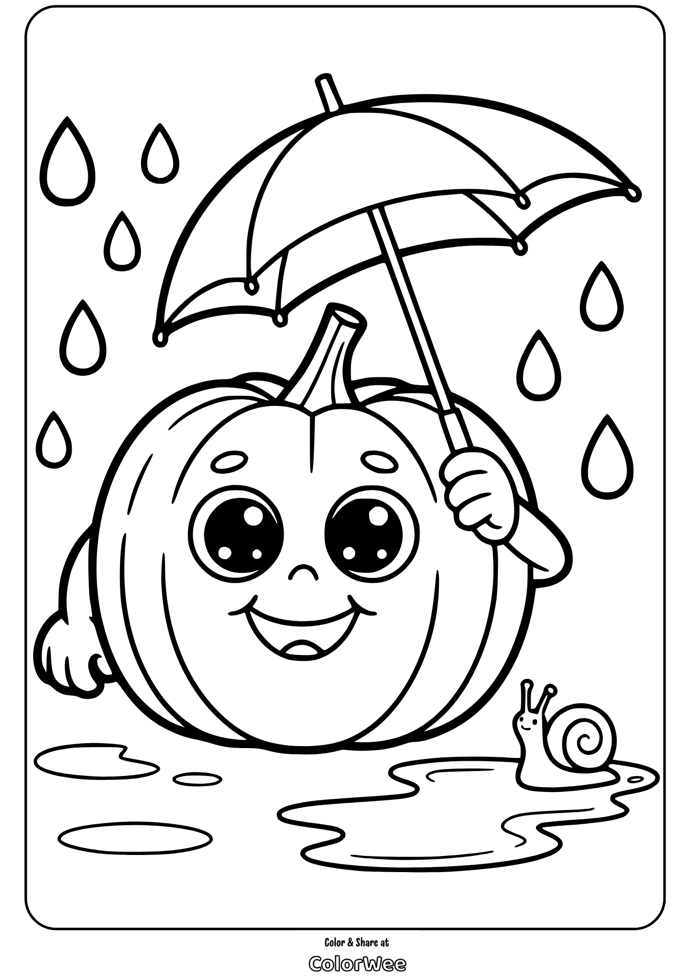 smiling cartoon pumpkin with umbrella in rain coloring page