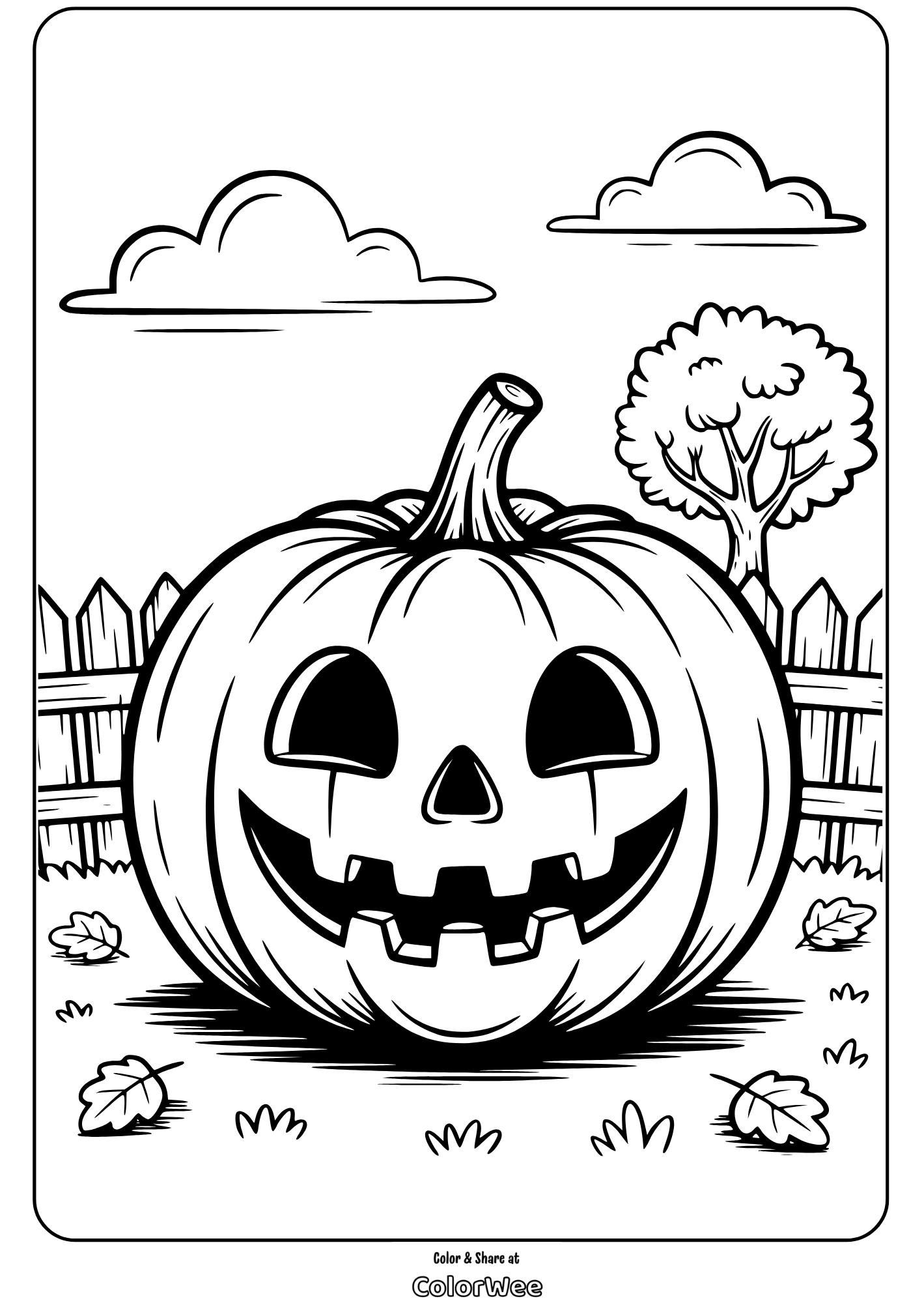 Smiling jack-o'-lantern in a garden coloring page.