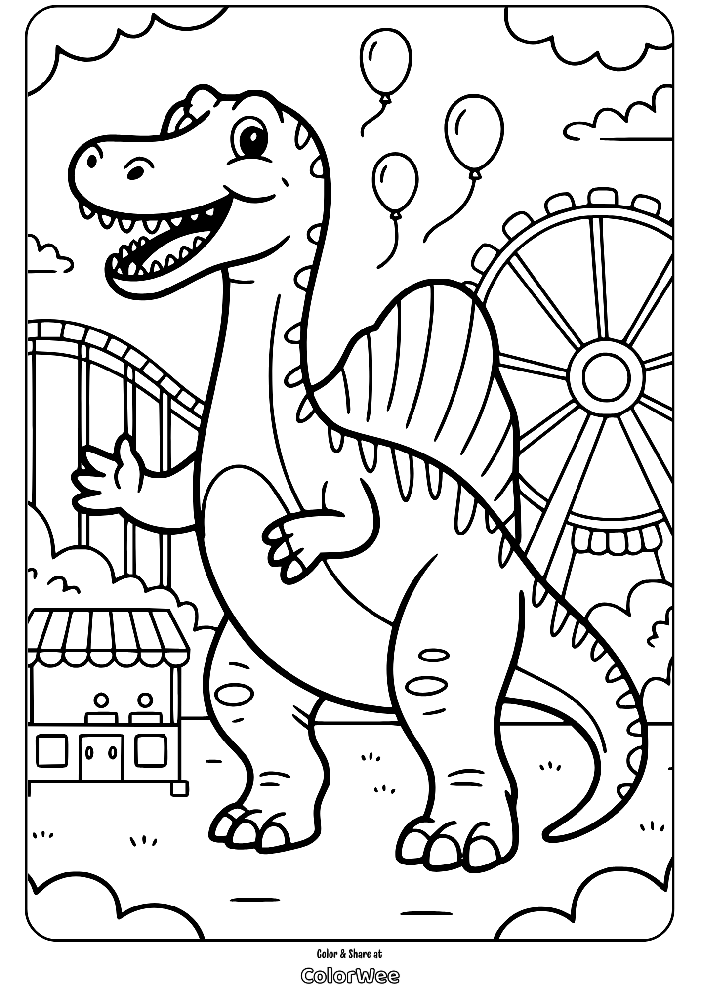 Dinosaur coloring page with roller coaster and balloons. Fun for kids!