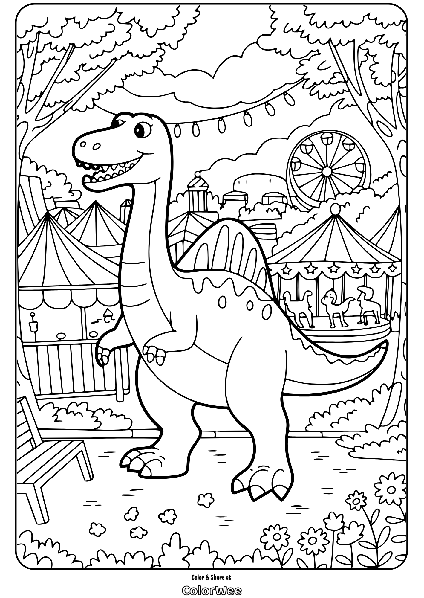 Dinosaur at a theme park coloring page with rides and trees.