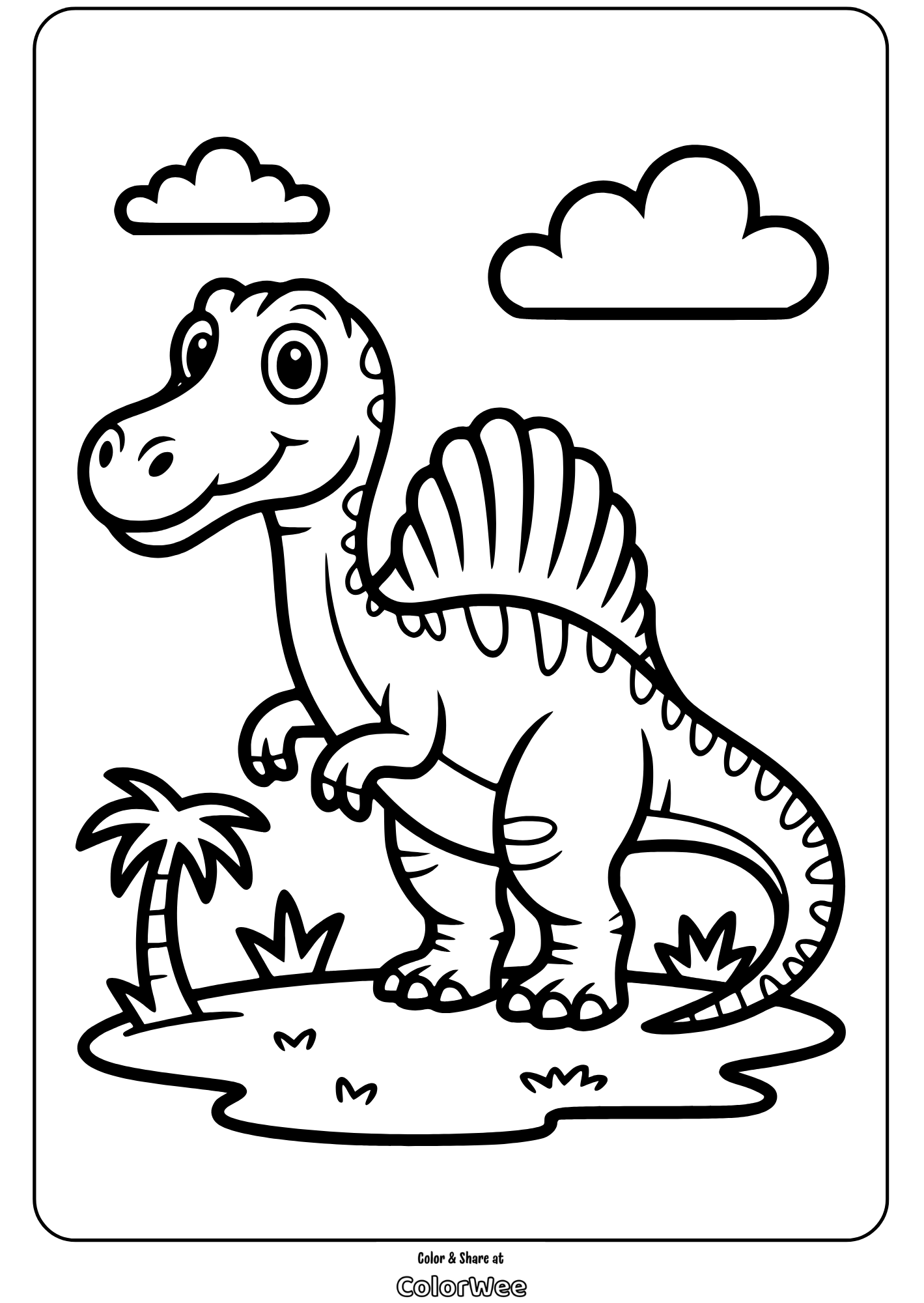 Cute dinosaur coloring page with clouds and palm trees.