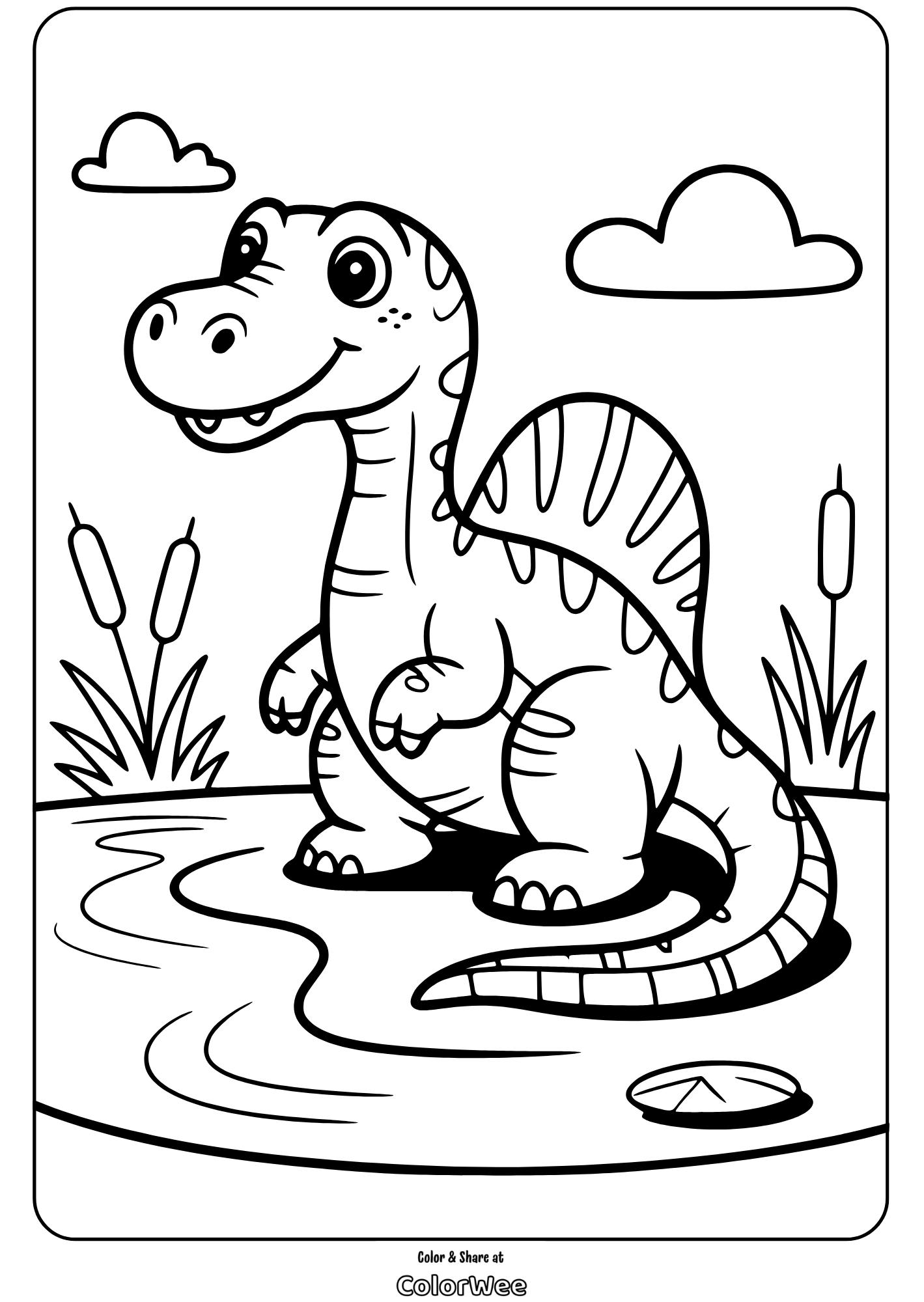 Happy dinosaur by a pond coloring page for kids.