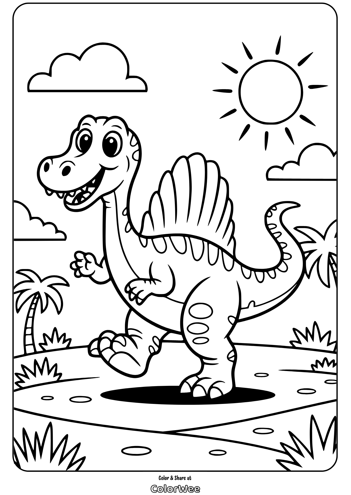 Dinosaur coloring page with a smiling dinosaur under the sun.