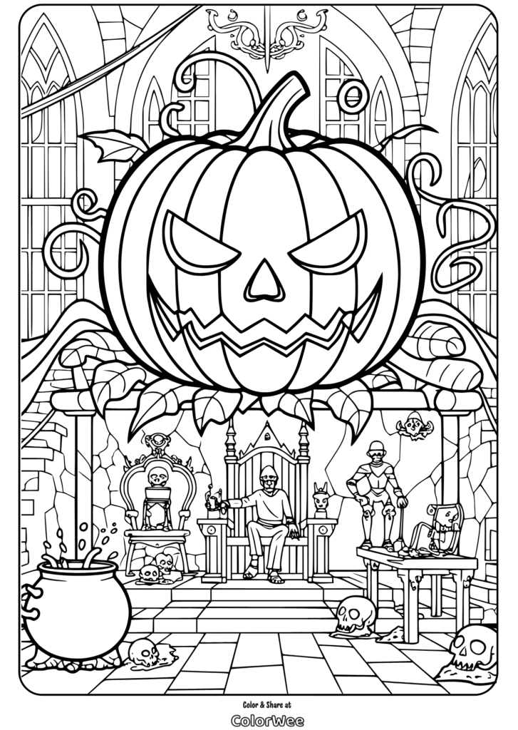 Spooky Halloween coloring page with pumpkin and skeleton theme.
