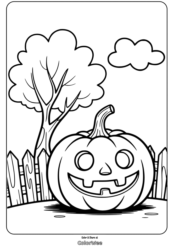 Jack-o'-lantern coloring page with a tree and fence background.