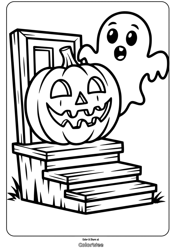 Ghost and pumpkin on doorstep Halloween coloring page.
