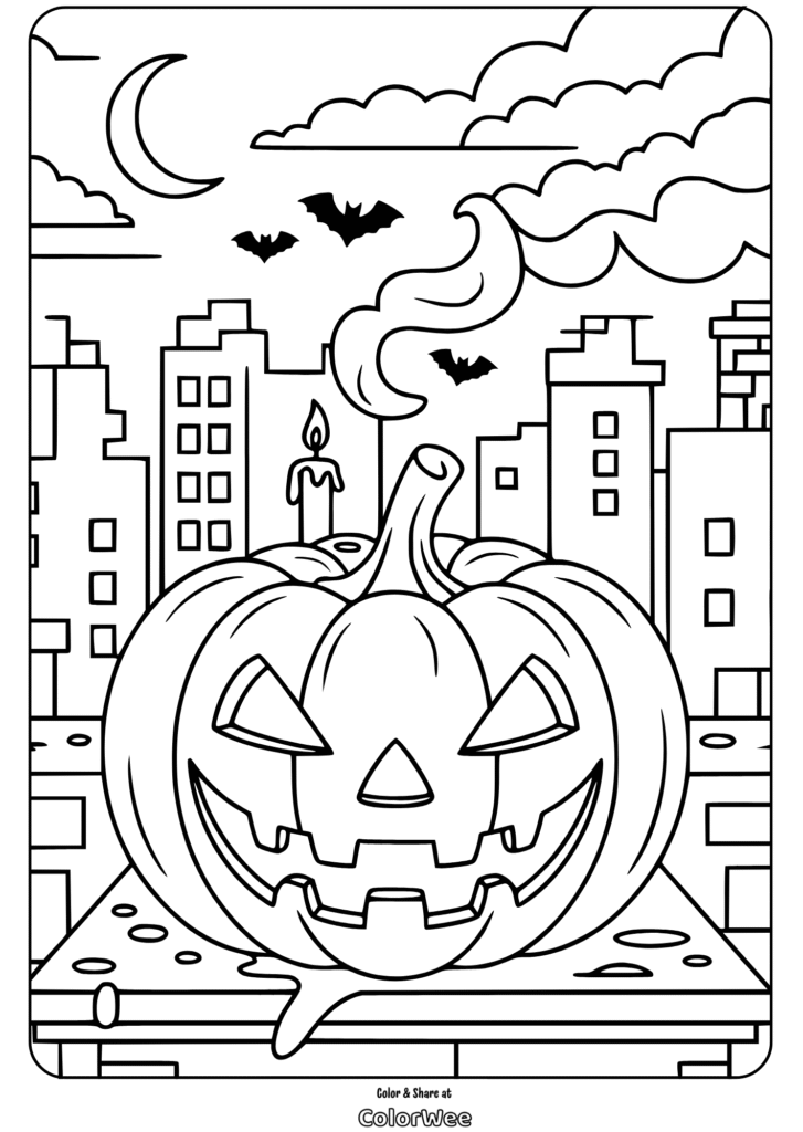 Spooky Halloween pumpkin coloring page with cityscape and bats.