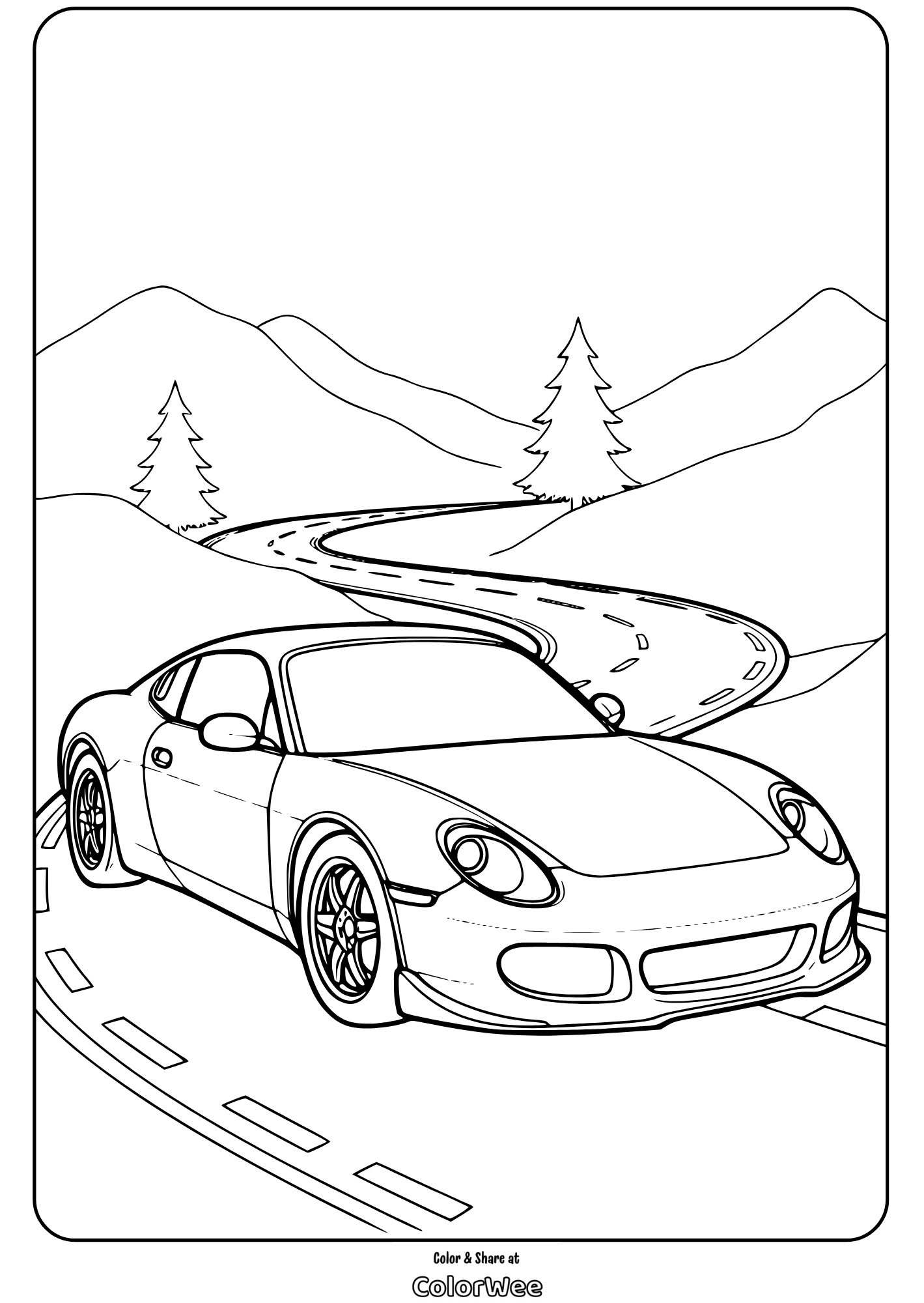Sports car on a winding mountain road coloring page.