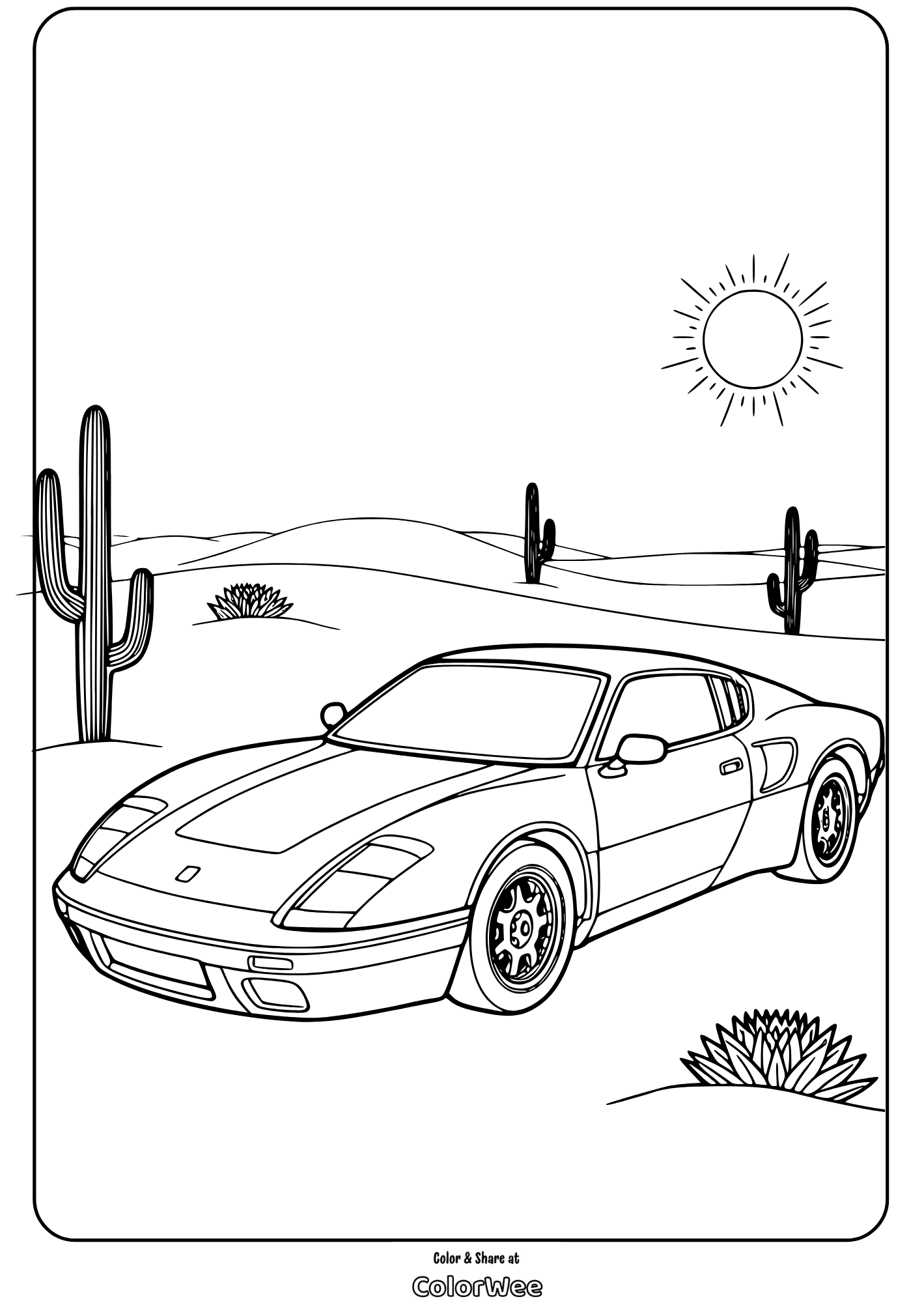 Desert sports car coloring page with cacti and sun.