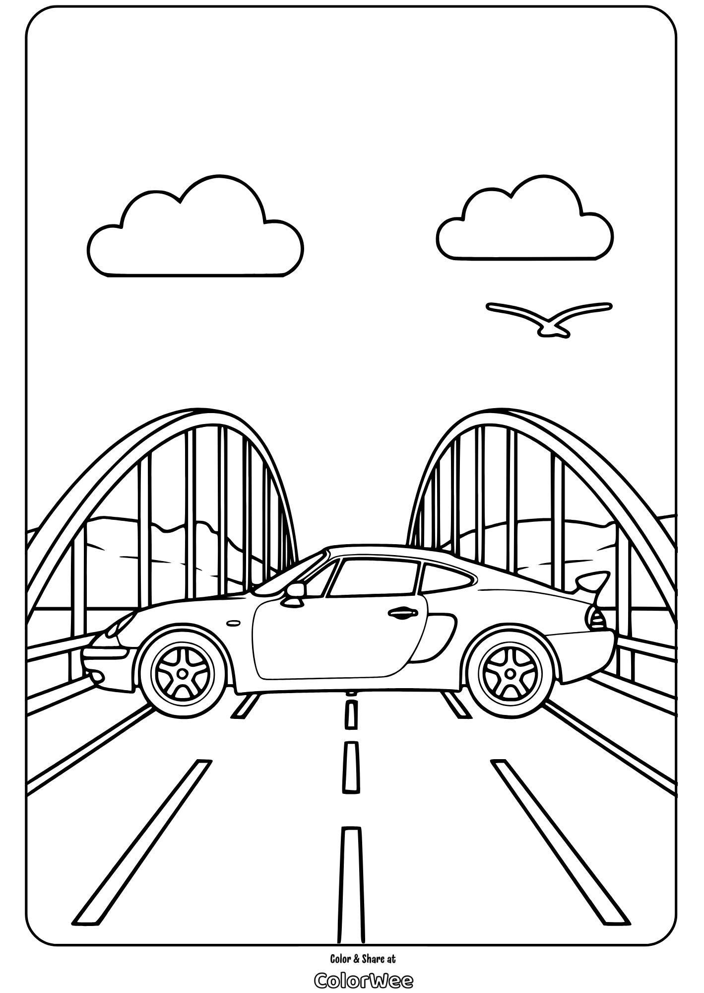 Car on bridge coloring page for kids.