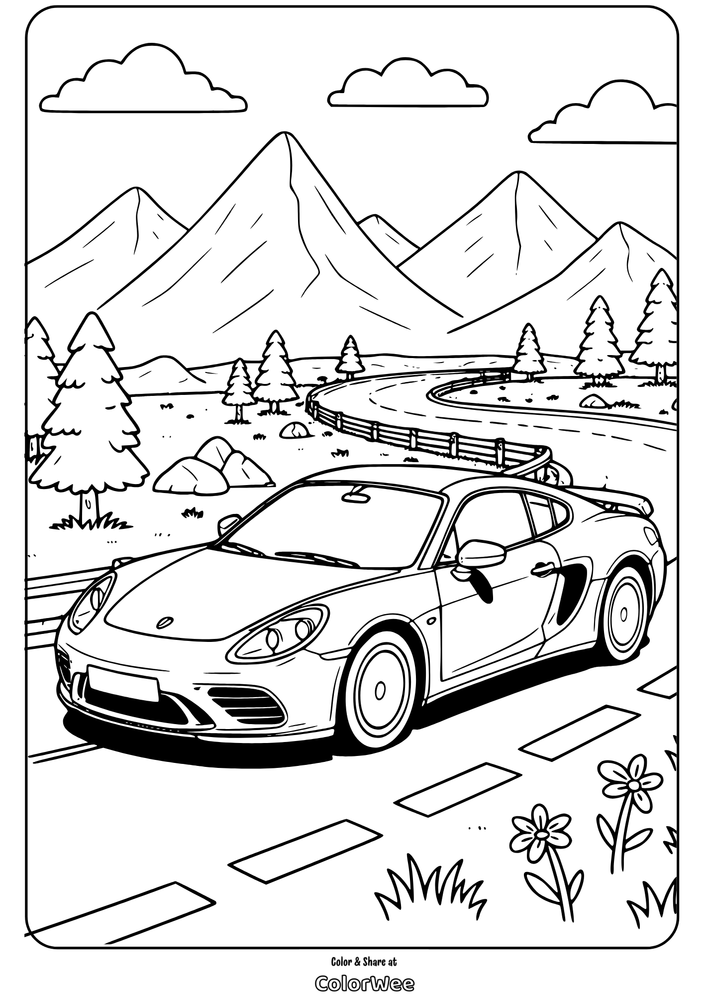 Sports car on scenic mountain road coloring page.