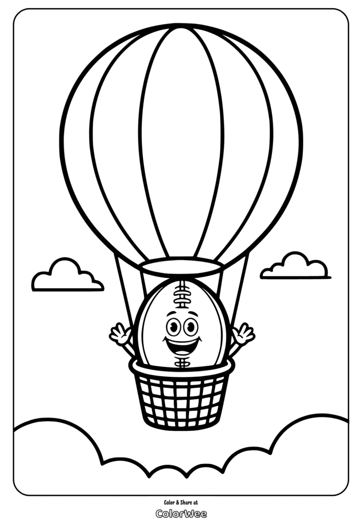 Coloring page: smiling hot air balloon character in the sky.