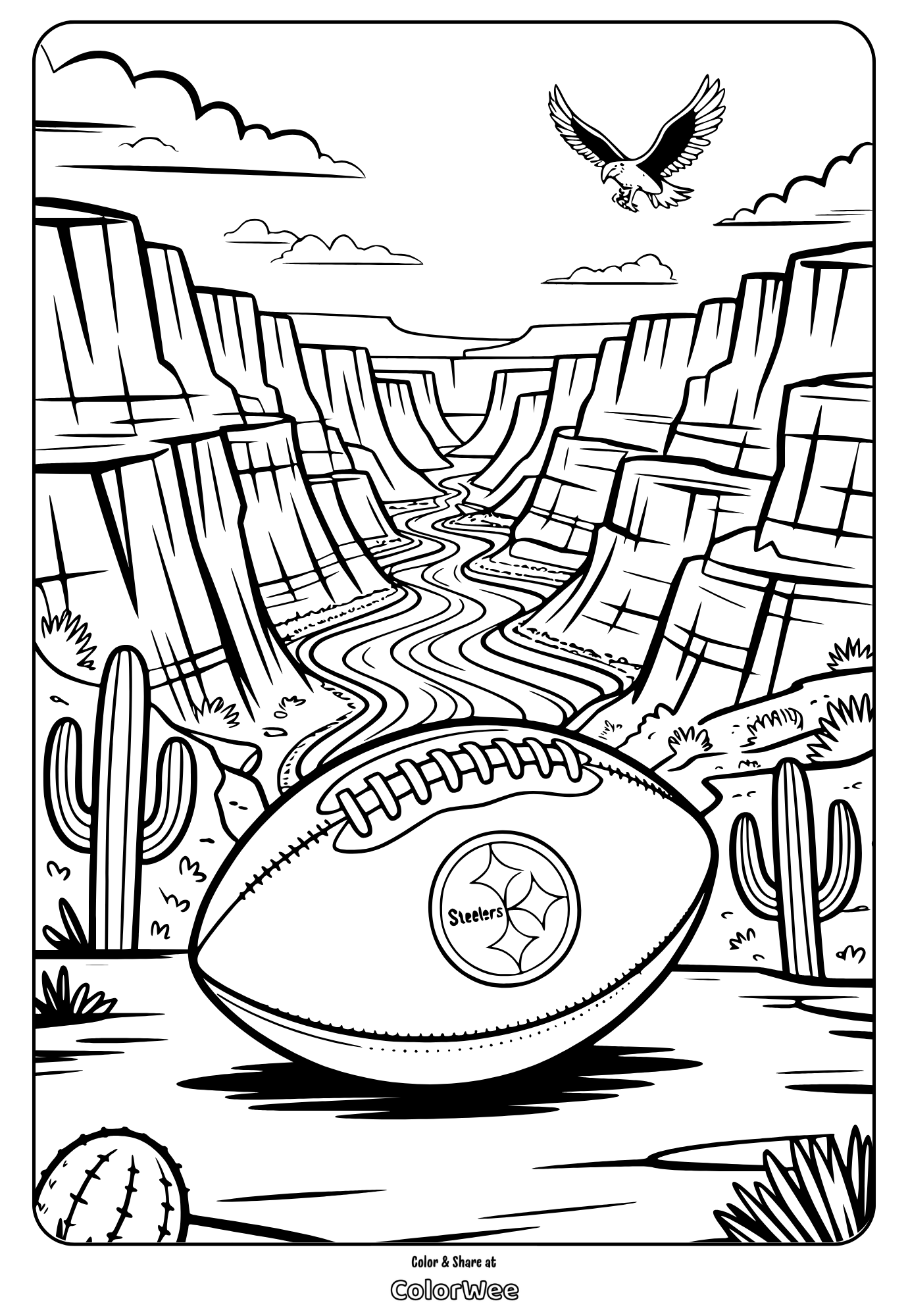Football scene in a canyon with cacti and an eagle flying above.