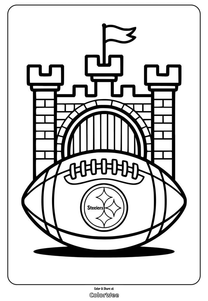 Football and castle coloring page for kids.