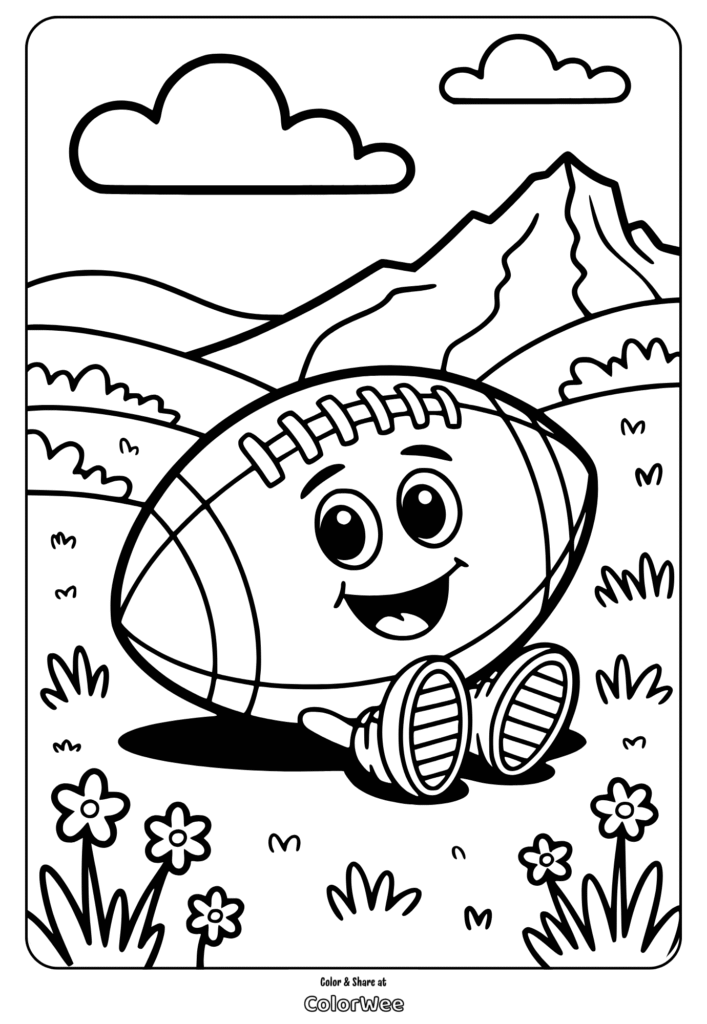 Smiling football in a mountain field coloring page.
