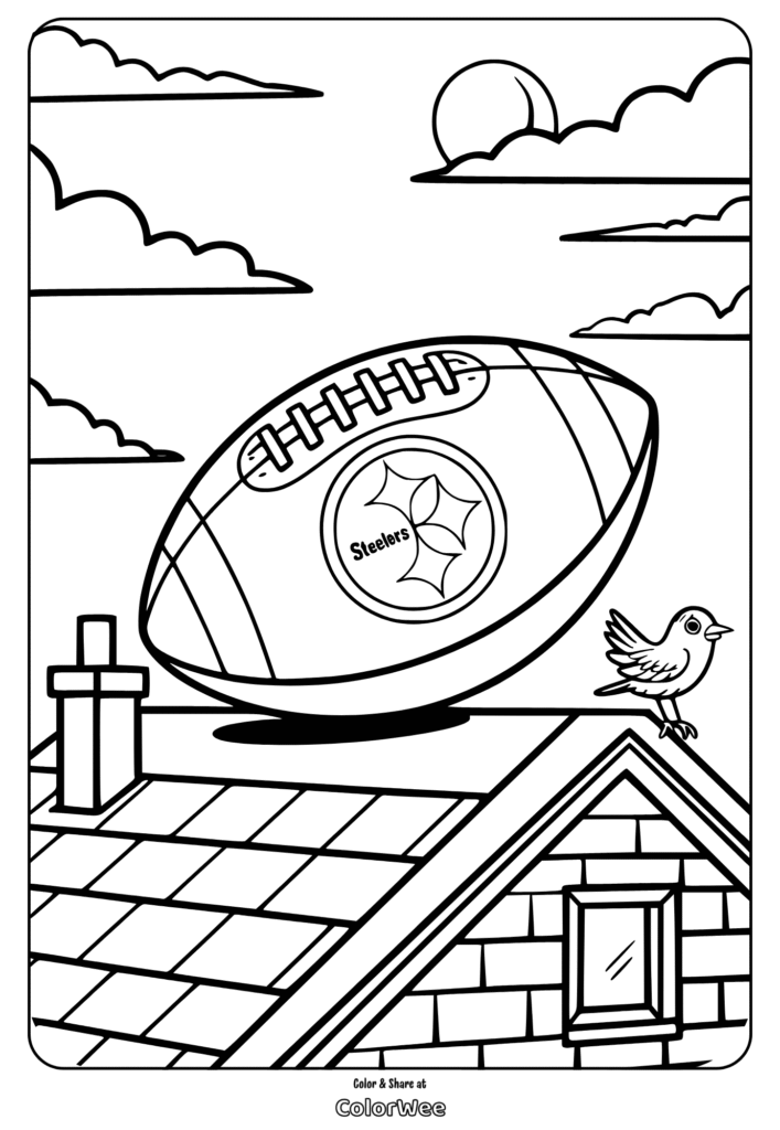 Football on roof with bird and clouds coloring page