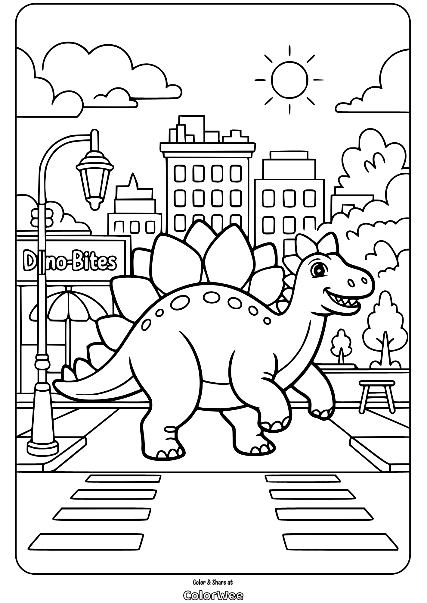 Stegosaurus coloring page in city setting for kids.