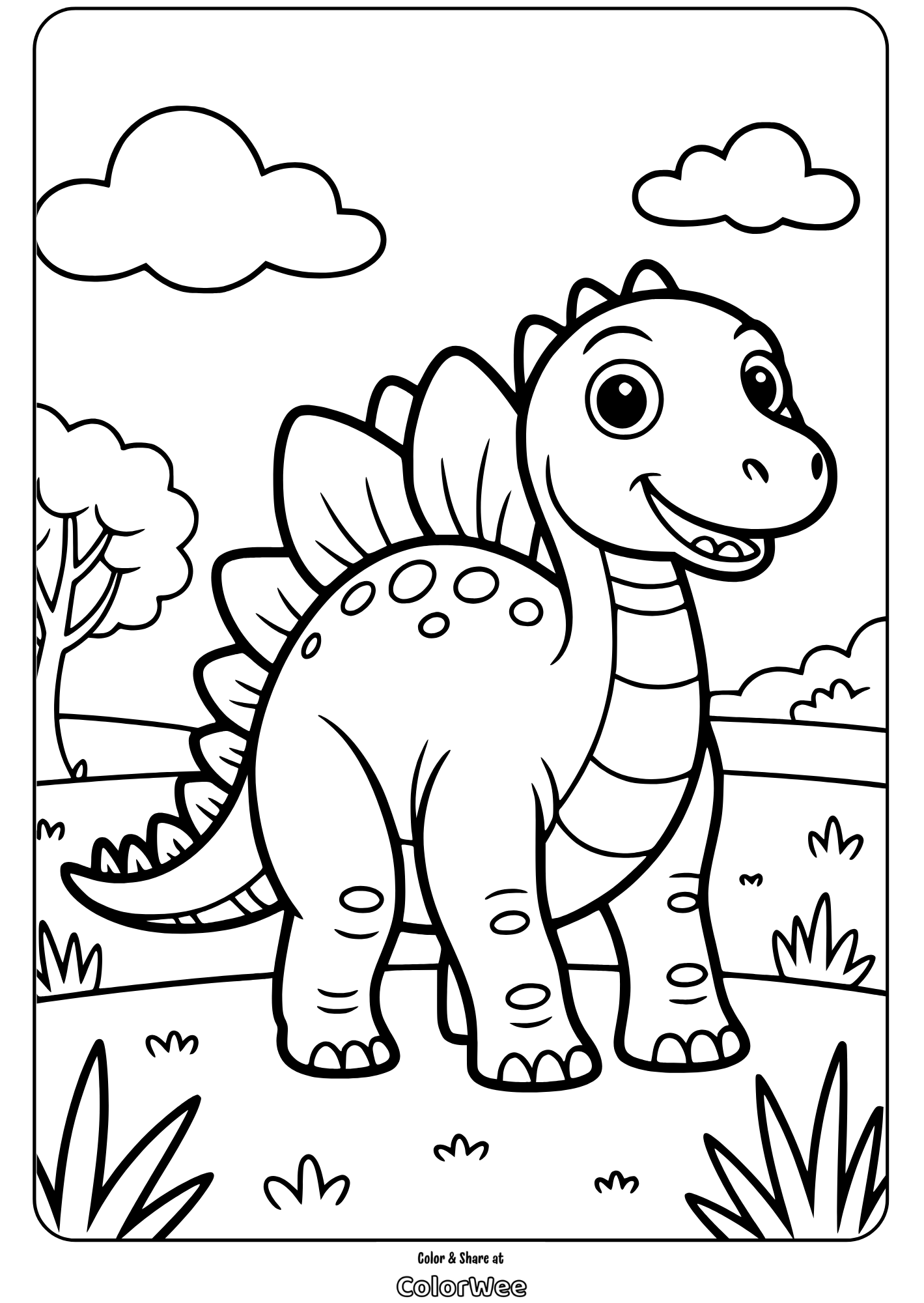 Cute dinosaur coloring page with happy smile and nature background.